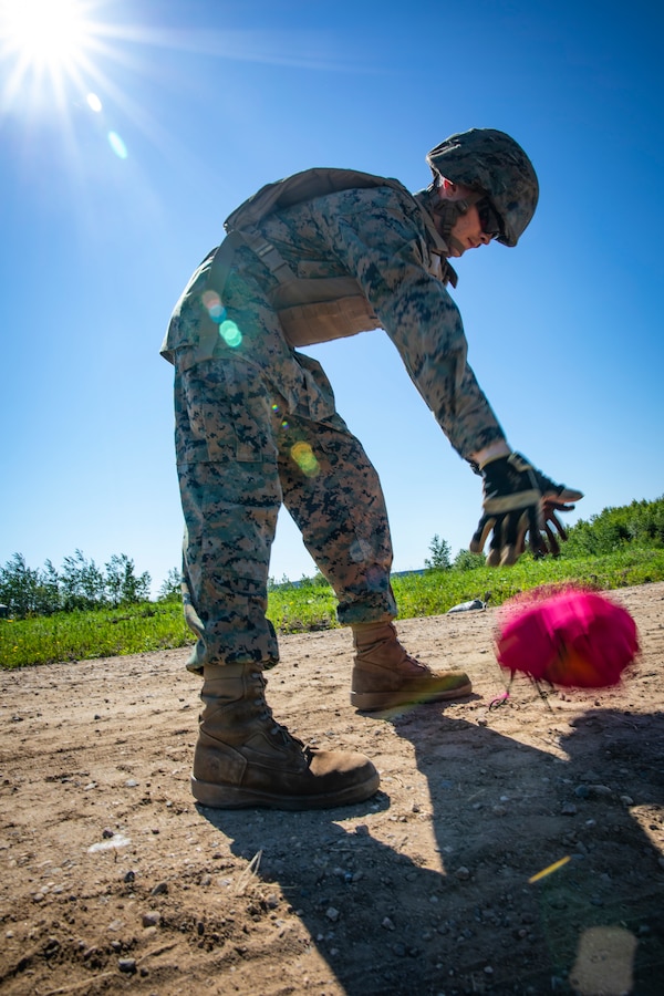 U.S. Marine Corps Lance Cpl. Logan Cormier, an expeditionary airfield technician with Marine Wing Support Squadron 471, Marine Aircraft Group 41, 4th Marine Aircraft Wing, places sandbags down during a Forward Arming Refueling Point operation at Cold Lake Air Weapons Range, Alberta, Canada, June 18, 2019, in support of Sentinel Edge 19. Exercises like SE19 ensure MARFORRES is a proficient force, ready for world-wide deployment at any given time. (U.S. Marine Corps photo by Sgt. Andy O. Martinez)