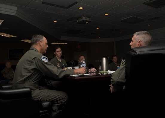 Brig. Gen. Christopher Short, Aircrew Crisis Task Force director, speaks to 49th Wing leadership concerning pilot retention, June 18, 2019, on Holloman Air Force Base, N.M. Short spoke on the common issues concerning retention and asked for feedback on issues encountered by leadership here. (U.S. Air Force photo by Airman 1st Class Autumn Vogt)