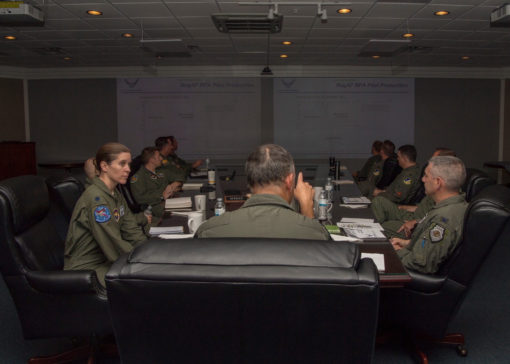 Brig. Gen. Christopher Short, Aircrew Crisis Task Force director, speaks to 49th Wing leadership concerning pilot retention, June 18, 2019, on Holloman Air Force Base, N.M. Totel force pilots were approximately 2,000 members short at the end of 2018, Short asked for feedback on retaining pilots. (U.S. Air Force photo by Airman 1st Class Autumn Vogt)