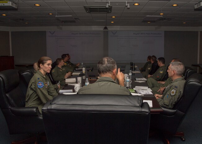 Brig. Gen. Christopher Short, Aircrew Crisis Task Force director, speaks to 49th Wing leadership concerning pilot retention, June 18, 2019, on Holloman Air Force Base, N.M. Totel force pilots were approximately 2,000 members short at the end of 2018, Short asked for feedback on retaining pilots. (U.S. Air Force photo by Airman 1st Class Autumn Vogt)