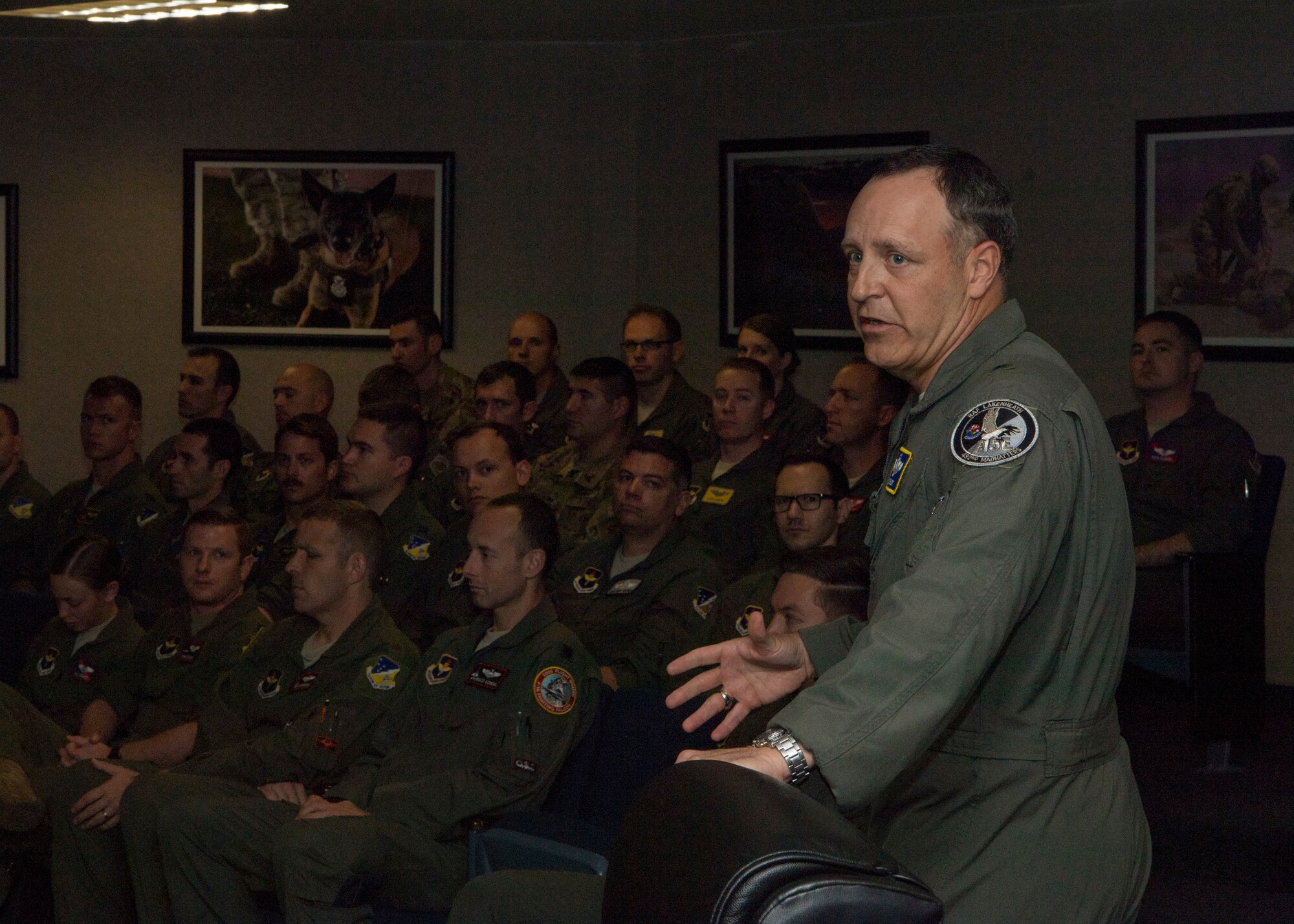 Brig. Gen. Christopher Short, Aircrew Crisis Task Force director, speaks to 49th Wing aircrew members, June 18, 2019, on Holloman Air Force Base, N.M. Short asked aircrew what it would take to retain them. The top barriers of pilot retention were work-life balance, additional duties and high operations tempo. (U.S. Air Force photo by Airman 1st Class Autumn Vogt)