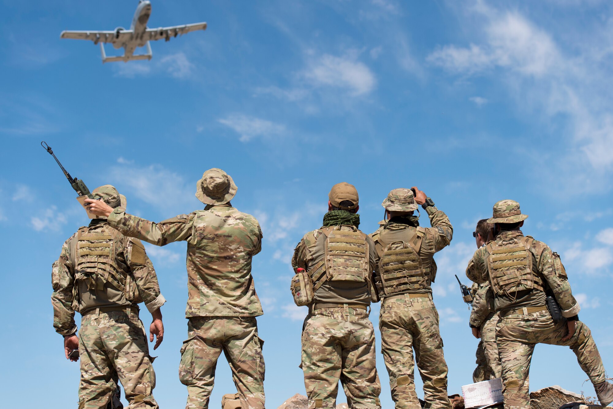 An A-10 Thunderbolt II from the 190th Fighter Squadron, Idaho Air National Guard executes a show of force during a training exercise with the 124th Air Support Operations Squadron, IDANG and the Brazilian Air Force tactical air control party specialist at the National Training Center, Fort Irwin, California, June 12, 2019