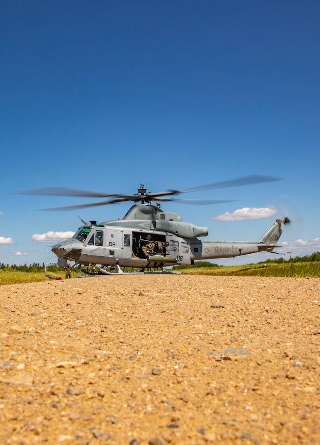 A UH-1Y Venom with Marine Light Attack Helicopter Squadron 775, Marine Aircraft Group 41, 4th Marine Aircraft Wing, prepares to take off during Forward Arming Refueling Point operations at Cold Lake Air Weapons Range, Alberta, Canada, June 18, 2019, in support of Sentinel Edge 19. Exercises like SE19 ensure MARFORRES is a proficient force, ready for world-wide deployment at any given time. (U.S. Marine Corps photo by Sgt. Andy O. Martinez)