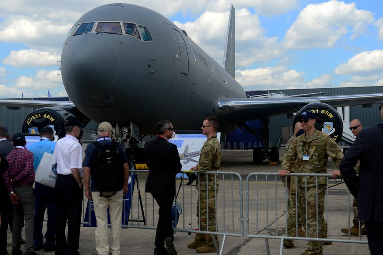 Paris Air Show visitors observe a KC-46A Pegasus static display June 17, 2019.