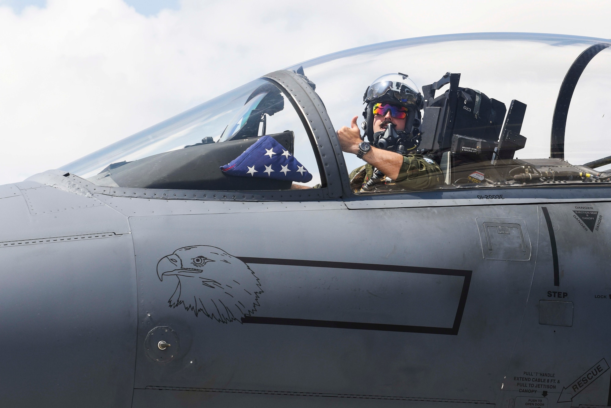 Capt. Andrew Schloemer, 494th Fighter Squadron F-15E Strike Eagle pilot, gives a thumbs-up prior to taxiing to the runway during Exercise Anatolian Eagle 2019 June 17, 2019, from Third Main Jet Base, Konya, Turkey. During the exercise, Airmen from Royal Air Force Lakenheath, England, joined seven other nations to participate in a multi-national exercise designed to enhance professional relationships and improve coordination with allies and partners. (U.S. Air Force photo by Senior Airman Joshua Magbanua)