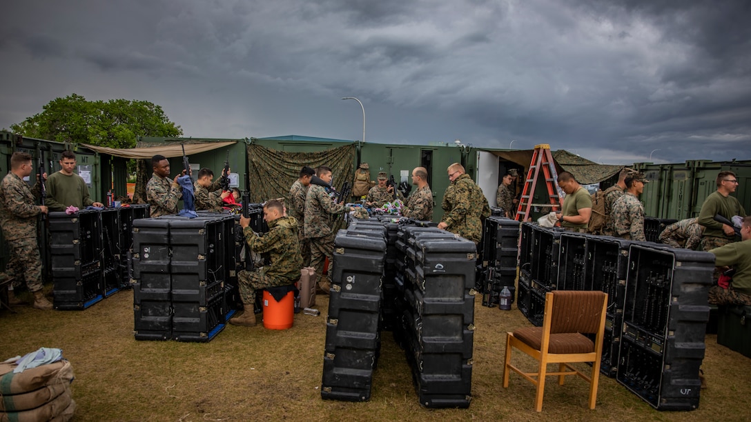 U.S. Marines with Marine Wing Support Squadron 471, Marine Aircraft Group 41, 4th Marine Aircraft Wing, clean their M16A4 service rifles at Canadian Forces Base Cold Lake, Canada, June 19, 2019, in support of Sentinel Edge 19. Training exercises, such as SE19, ensure Reserve Marines are proficient and capable of successful integration with active-duty Marines, making MARFORRES critical to the Marine Corps’ Total Force. (U.S. Marine Corps photo by Lance Cpl. Jose Gonzalez)