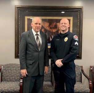 West Valley City Police Sgt. and member of the 419th Fighter Wing, Air Force Reserve, Robert Brinton, stands beside WVC Mayor Ron Bigelow. West Valley City recently received the Secretary of Defense Employer Support Freedom Award, the highest award presented by the Secretary of Defense to a U.S. business.  Only fifteen employers per year receive this coveted honor.