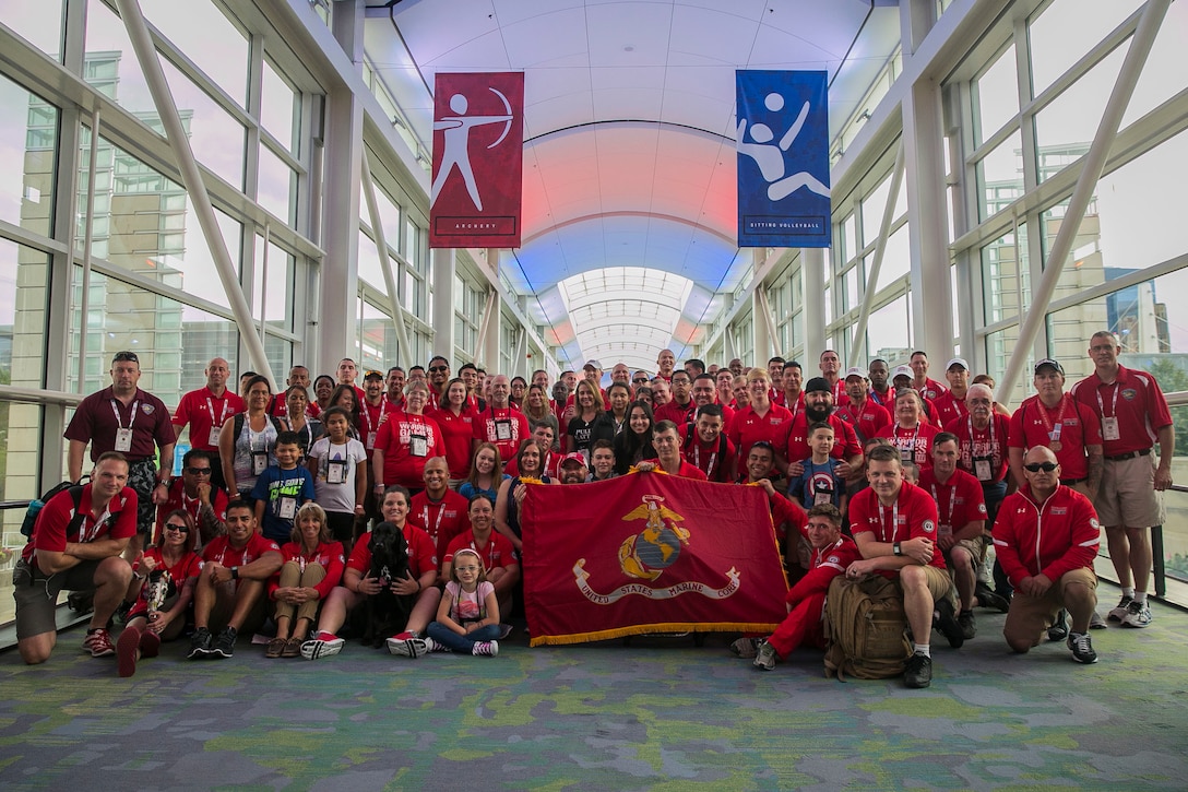 Team Marine Corps poses for a team photo after a day of competition at McCormick Place in Chicago July 3, 2017. The DoD Warrior Games is an adaptive sports competition for wounded, ill and injured service members and veterans.
