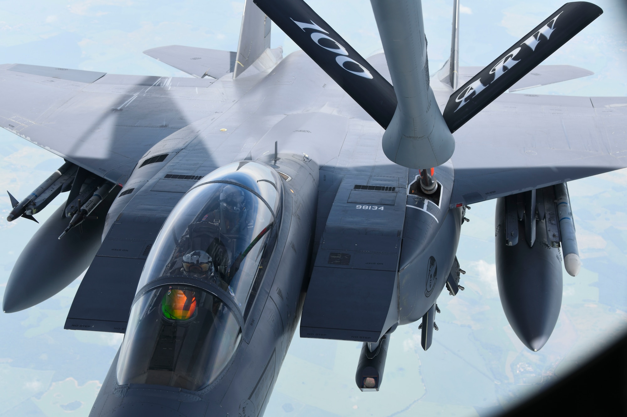 A U.S. Air Force KC-135 Stratotanker refuels an F-15E Strike Eagle assigned to the 492nd Fighter Squadron, RAF Lakenheath, in support of Exercise Baltic Operations, over Germany, June 12, 2019. Exercise Baltic Operations is a U.S. exercise focused on joint interoperability in the Baltic Region, planned and executed this year by the U.S. and NATO. (U.S. Air Force photo by Senior Airman Alexandria Lee)