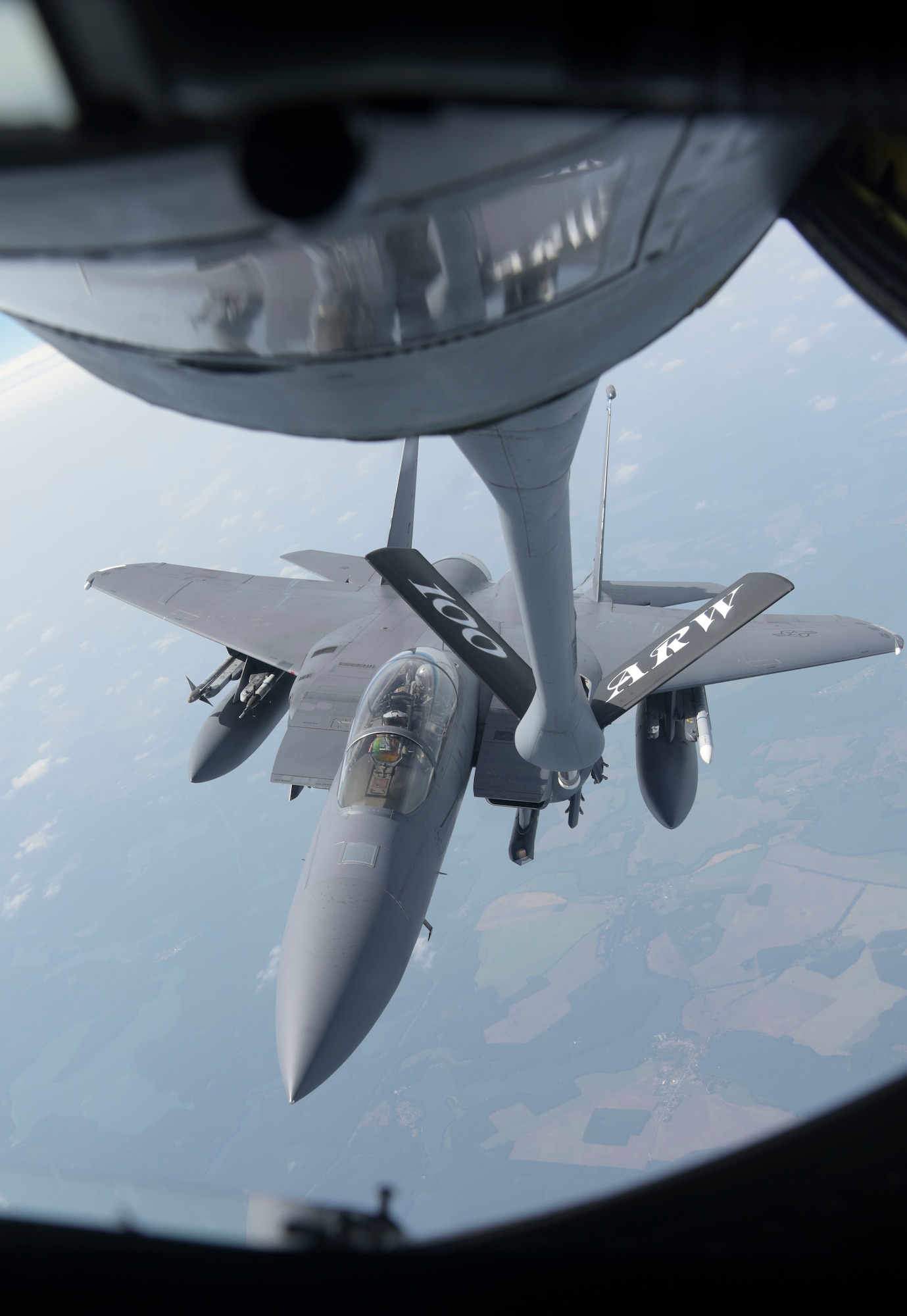A U.S. Air Force KC-135 Stratotanker refuels an F-15E Strike Eagle assigned to the 492nd Fighter Squadron, RAF Lakenheath, in support of Exercise Baltic Operations, over Germany, June 12, 2019. BALTOPS is the premier annual maritime-focused exercise in the Baltic Region. (U.S. Air Force photo by Senior Airman Alexandria Lee)
