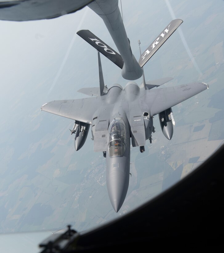 A U.S. Air Force KC-135 Stratotanker refuels an F-15E Strike Eagle assigned to the 492nd Fighter Squadron, RAF Lakenheath, in support of Exercise Baltic Operations, over Germany, June 12, 2019. BALTOPS is the premier annual maritime-focused exercise in the Baltic Region. (U.S. Air Force photo by Senior Airman Alexandria Lee)