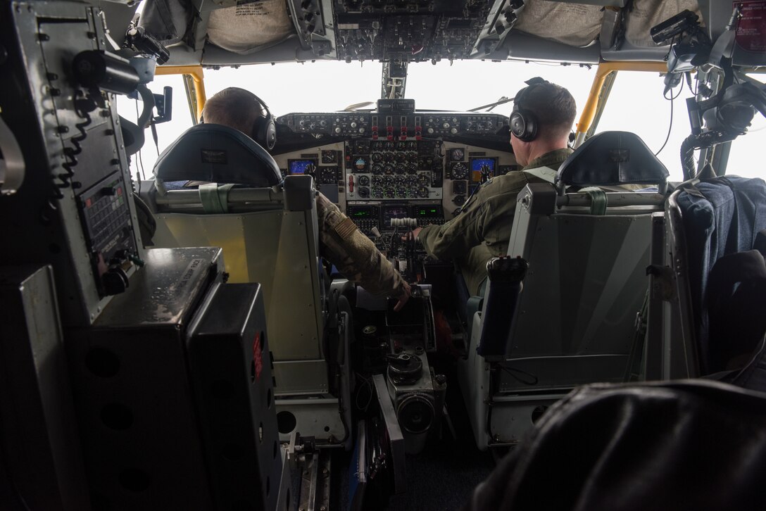 U.S. Air Force Lt. Col. Scott Frohardt, 100th Air Refueling Wing inspector general, and Lt. Col. Christopher Reid, 100th Operations Support Squadron director of operations, performs aerial refueling checklist during Exercise Baltic Operations, over Germany, June 12, 2019. BALTOPS, currently in its 47th year, is an annual, multinational exercise that brings together a robust professional constellation of allies and partners to conduct operations in support of favorable regional balances of power that safeguard security, prosperity and the free and open international order. (U.S. Air Force photo by Senior Airman Alexandria Lee)