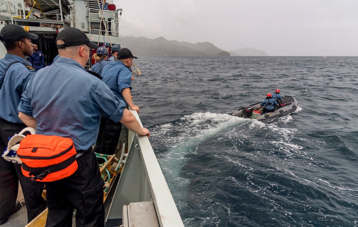 Members of HMCS Goose Bay conducts a 'Man Overboard Exercise' with Caribbean partner nations.