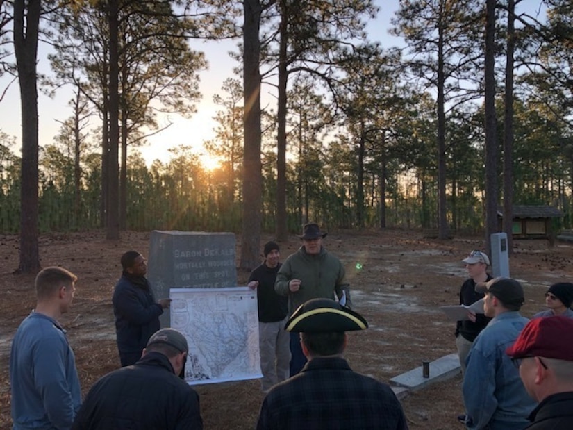 U.S. Army Maj. Jeff Mills briefs American General Horatio Gate's approach to the Battle of Camden at the historic battlefield site in Camden, S.C., March 27, 2019. 

The Battle of Camden, August 16, 1780, was a devastating defeat for the Americans during the Revolutionary War, but it ushered in changes in leadership that helped to turn the tide of the war in the Southern Campaigns.