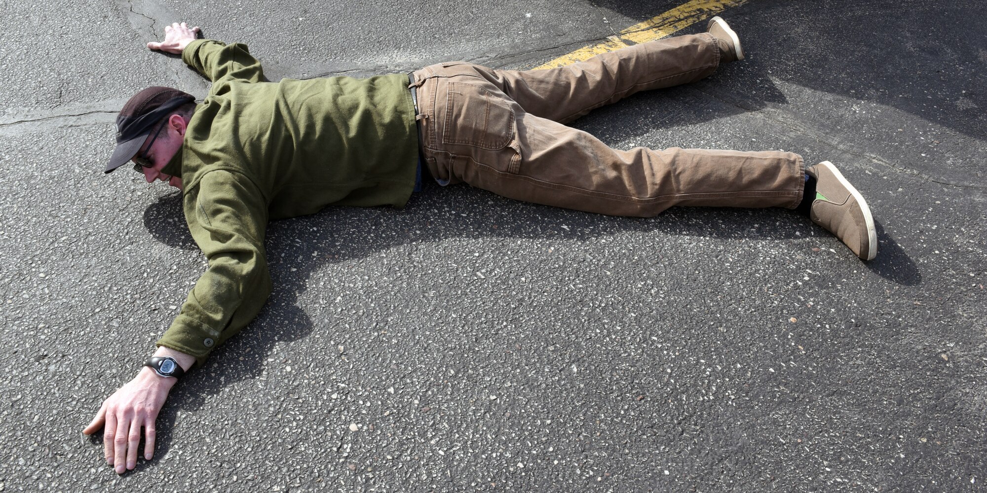 Technical Sgt. Grant R. Coisman demonstrating that the bad guys lost. Coisman had just been hit by an airstrike called in by a joint terminal attack controller during exercise Northern Lightning, May 6-17, 2019. (U.S. Air National Guard photo by Master Sgt. Erik J. Figi)