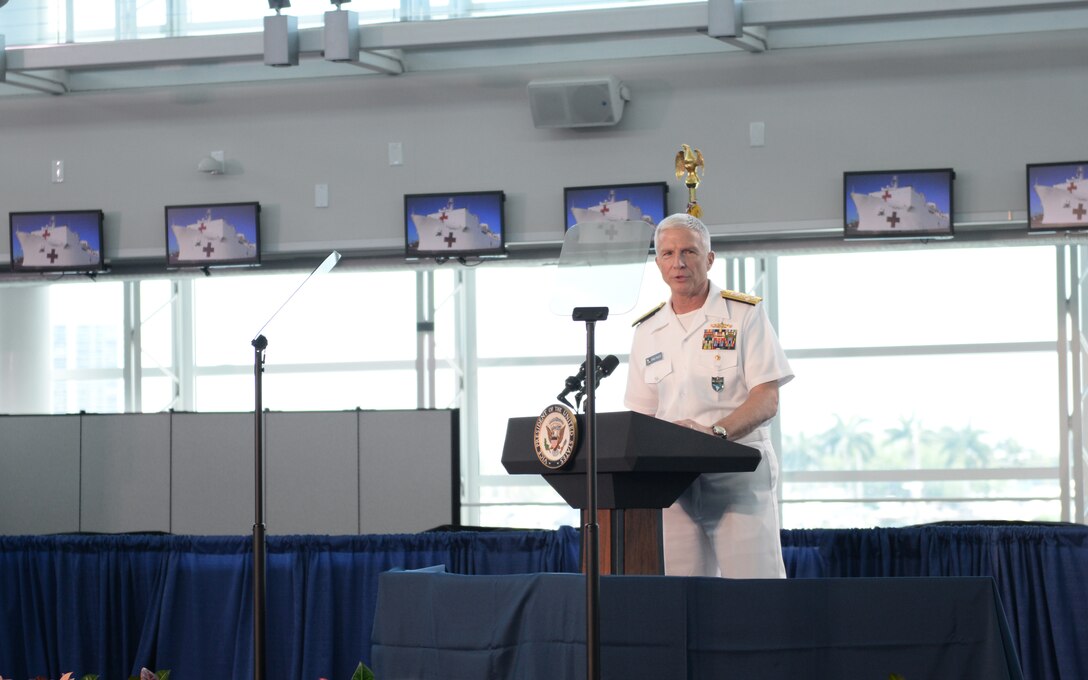 Adm. Craig Faller speaks during a press conference.
