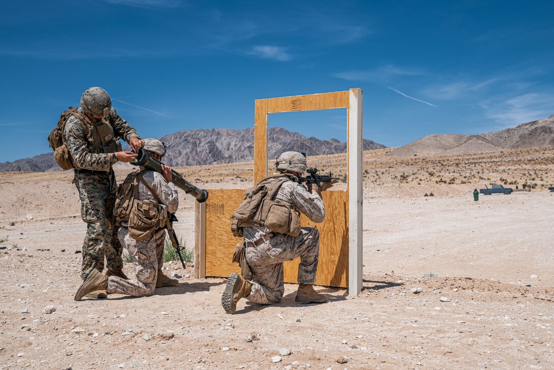 U.S. Marines participate in a live-fire exercise following the re-opening of Range 105A at Marine Corps Air Ground Combat Center, Twentynine Palms, Calif., June 17, 2019. The range was re-designed to offer multiple, efficient types of training to individual Marines and squad-sized elements. (U.S. Marine Corps photo by Cpl. Rachel K. Young-Porter)