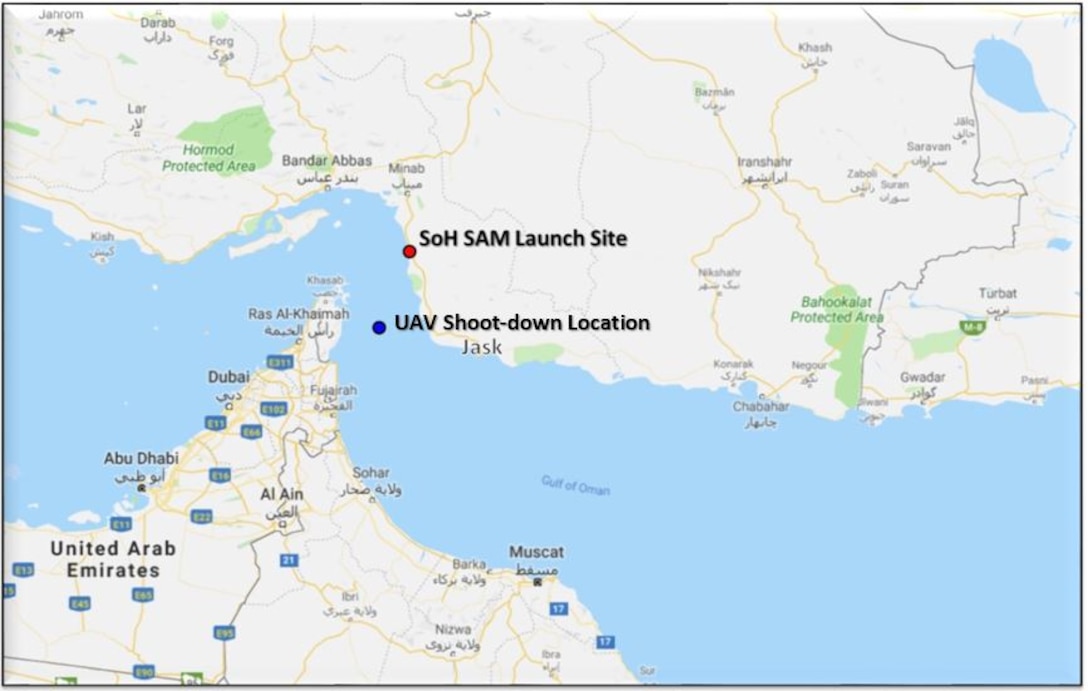 A map showing location of UAV shootdown over Strait of Hormuz.