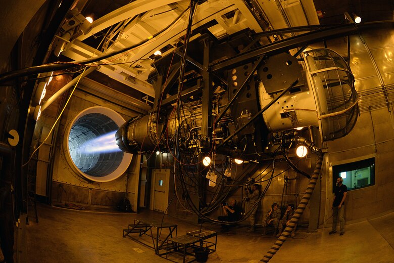 An F-16 jet Fighting Falcon engine in max power during a test