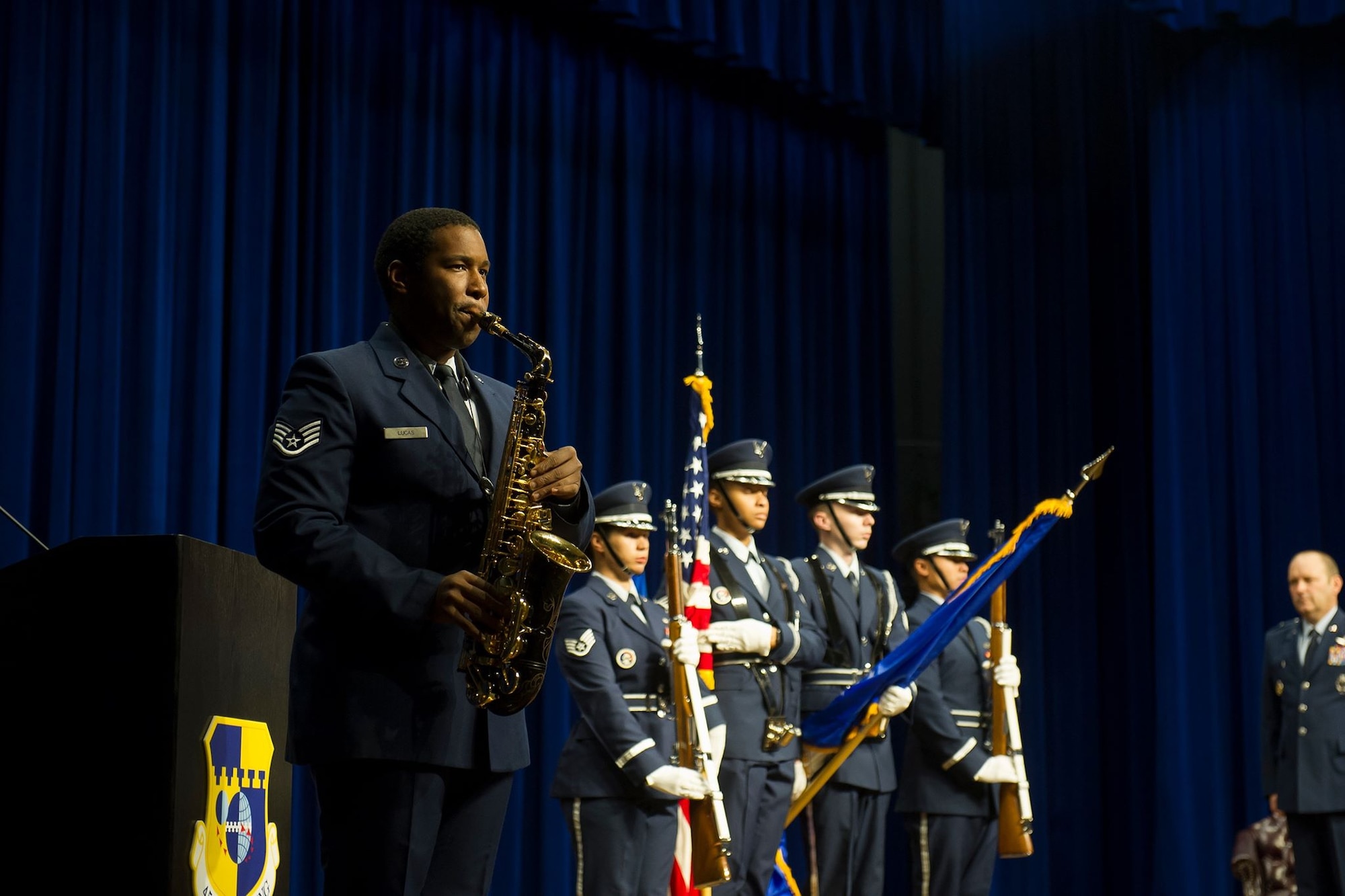 The 45th Space Wing Honor Guard presents the colors as the National Anthem is played at the 45th Mission Support Group change of command ceremony on June 17, 2019, at Patrick Air Force Base, Fla. Col. Edward Marshall assumed command of the 45th MSG from Col. Kevin Williams. (U.S. Air Force photo by Jared Trimarchi)