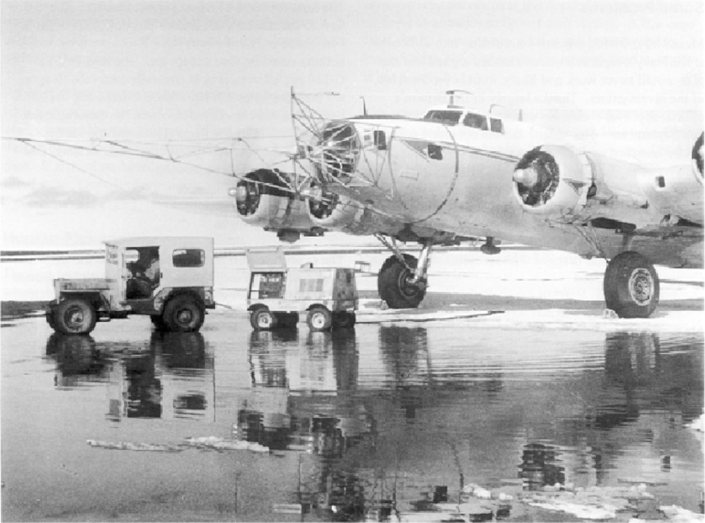 The B-17 bomber was modified to perform the Skyhook process, which is a way by which a flying aircraft can "grab" a stationary object sitting on the ground. Robert Fulton was the inventor of the Skyhook system, which was also known as the Surface-To-Air-Recovery System. Photo courtesy of CIA. Intermountain Aviation's B-17 at Point Barrow, May 1962. (Credit: Robert E. Fulton)