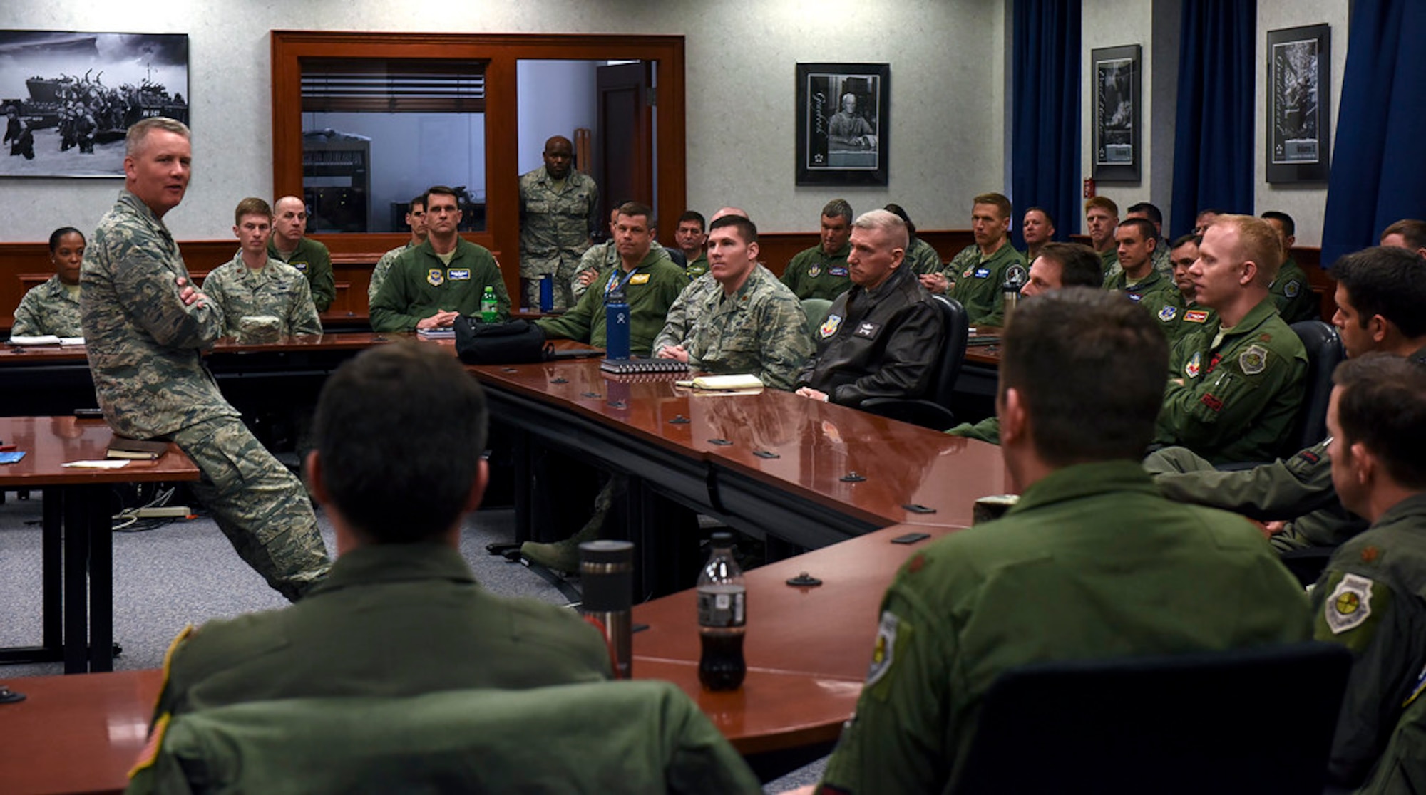180409-N-VL575-038 NEWPORT, R.I. (April 9, 2018) Air Force Maj. Gen. James A. Jacobson, commander, Air Force District of Washington, visits with Air Force students, staff and faculty assigned to U.S. Naval War College. During his visit, Jacobson met with Air Force personnel to discuss current events as well as answer questions.  (U.S. Navy photo by Caitlin Blanchard/released)