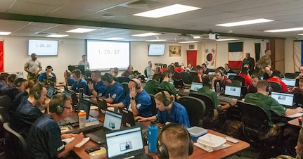 A joint group of U.S. service member teams from the Army, Air Force and Navy listen, decipher and translate in-field audio during the Operational Skills Test portion of the 2019 Polyglot Games as part of the 300th Military Intelligence Brigade’s 30th Annual Language Conference.