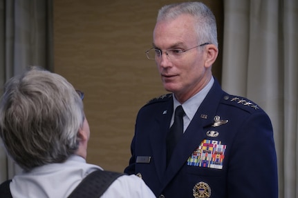 Air Force Gen. Paul Selva, vice chairman of the Joint Chiefs of Staff, speaks with a reporter at the Defense Writers Group roundtable in Washington, June 18, 2019.