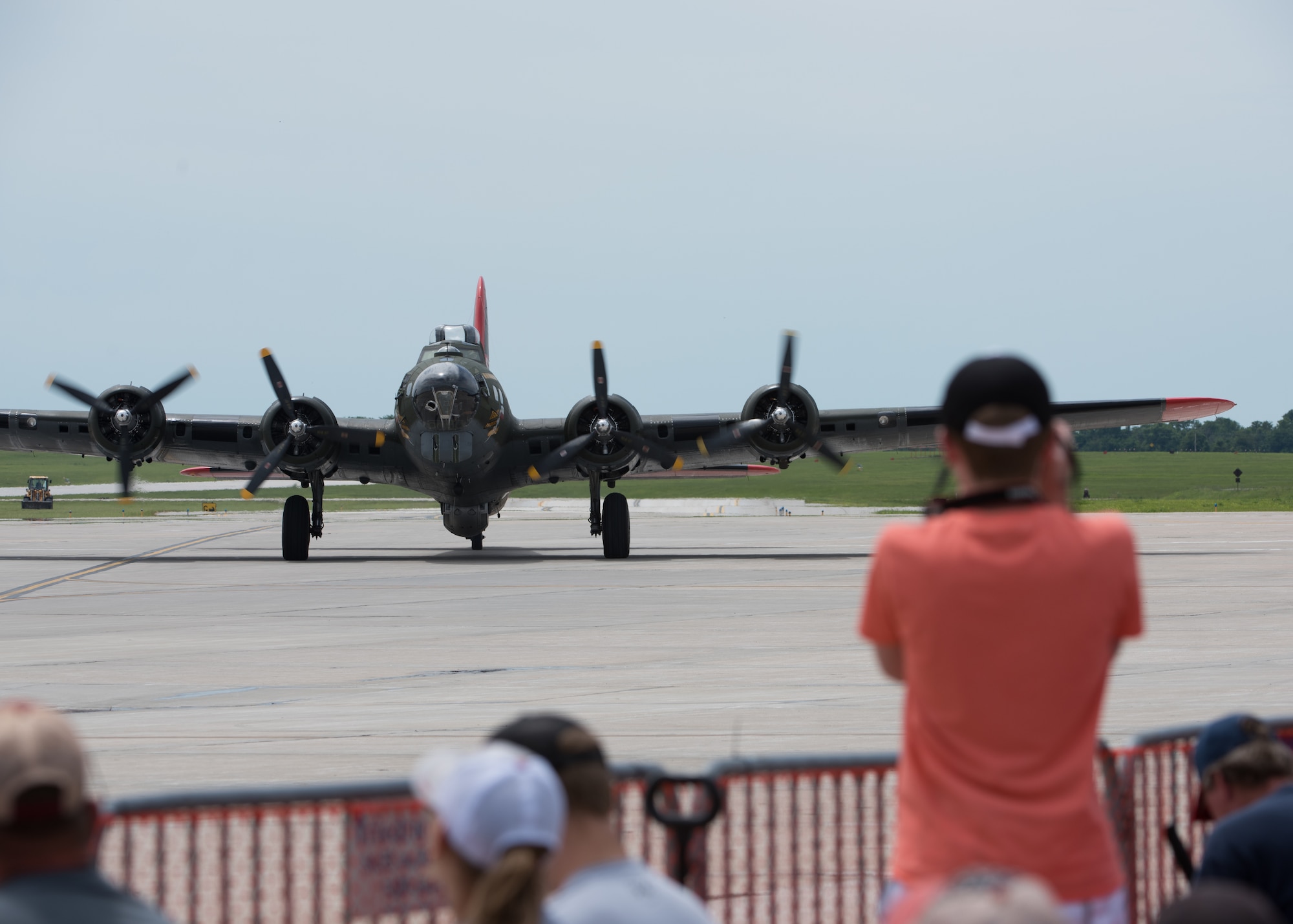 Texas Raiders, a B-17G Flying Fortress with the Commemorative Air Force, taxis in front of attendees at the Wings Over Whiteman airshow on June 15, 2019, at Whiteman Air Force Base, Missouri. The B-17G was a later variant of the B-17 and had a heavier armament than earlier models with a total of 13 M2 .50 caliber machineguns compared to the five machineguns of the prototype. (U.S. Air Force photo by Airman 1st Class Parker J. McCauley)