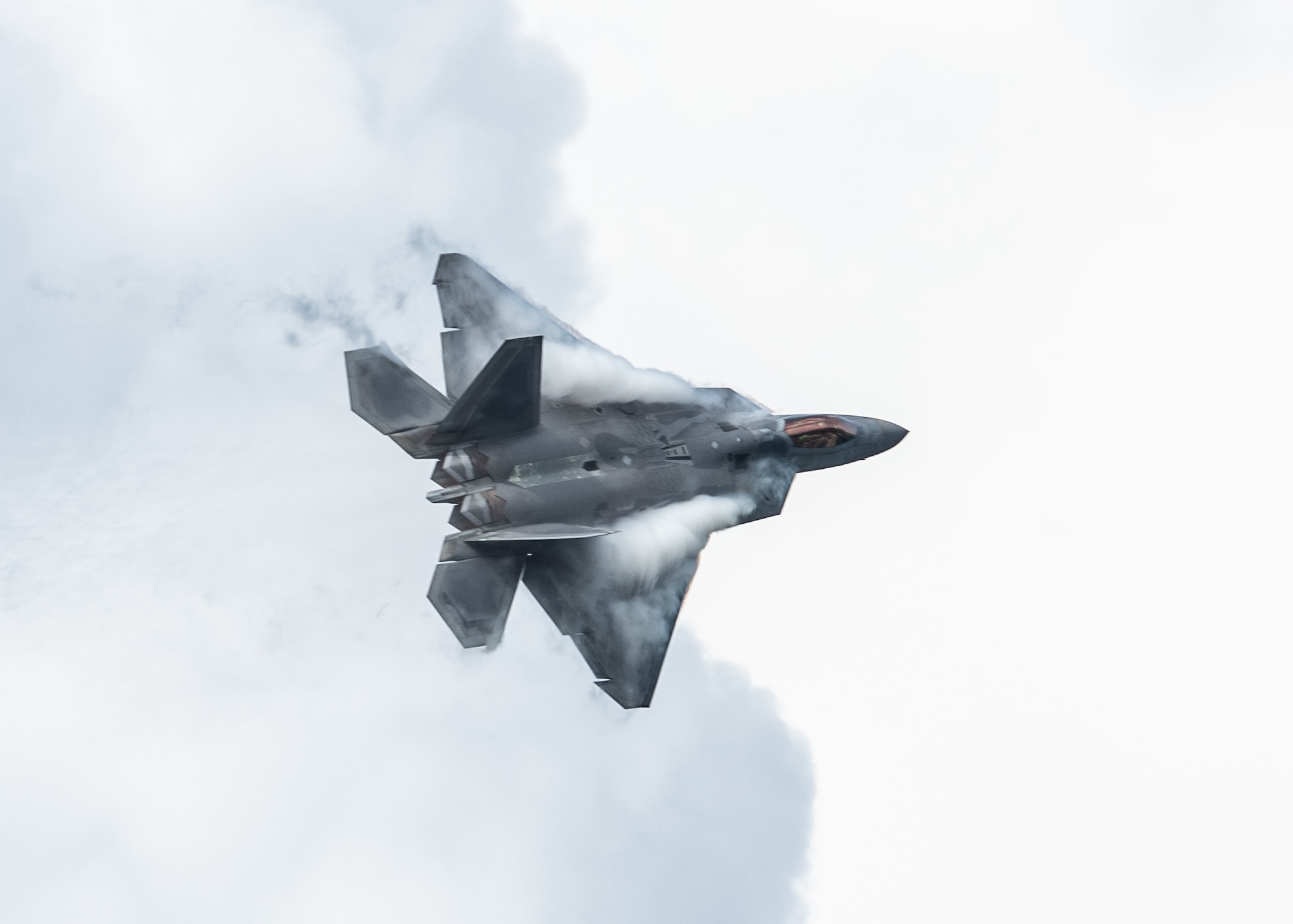 A U.S. Air Force F-22 Raptor from the Air Combat Command F-22 Demonstration Team out of Joint Base Langley-Eustis performs at the Wings Over Whiteman Air and Space show at Whiteman Air Force Base, Missouri, June 16, 2019.  The team flies the F-22  at air shows around the globe, performing air demonstrations that include the power loop, split, tail slide, as well as a high speed pass and dedication pass. (U.S. Air Force photo by Senior Airman Thomas M. Barley)
