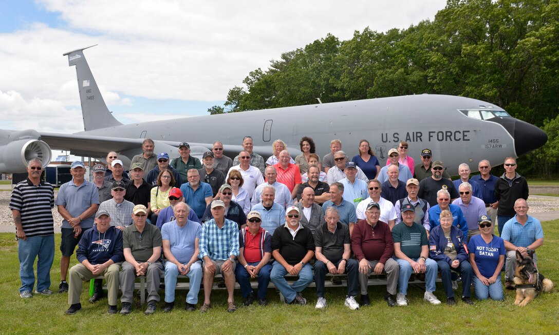 Retired U.S. airmen from the 157th Air Refueling Wing gather for a group photo at the static KC-135 Stratotanker during Retiree Day at Pease Air National Guard Base, N.H. June 14, 2019. Retiree Day is an annual event held to honor retirees from past generations, as well as giveing them the opportunity to interact with airmen currently stationed at Pease.(N.H. Air National Guard photo by Staff Sgt. Timothy Hayden)