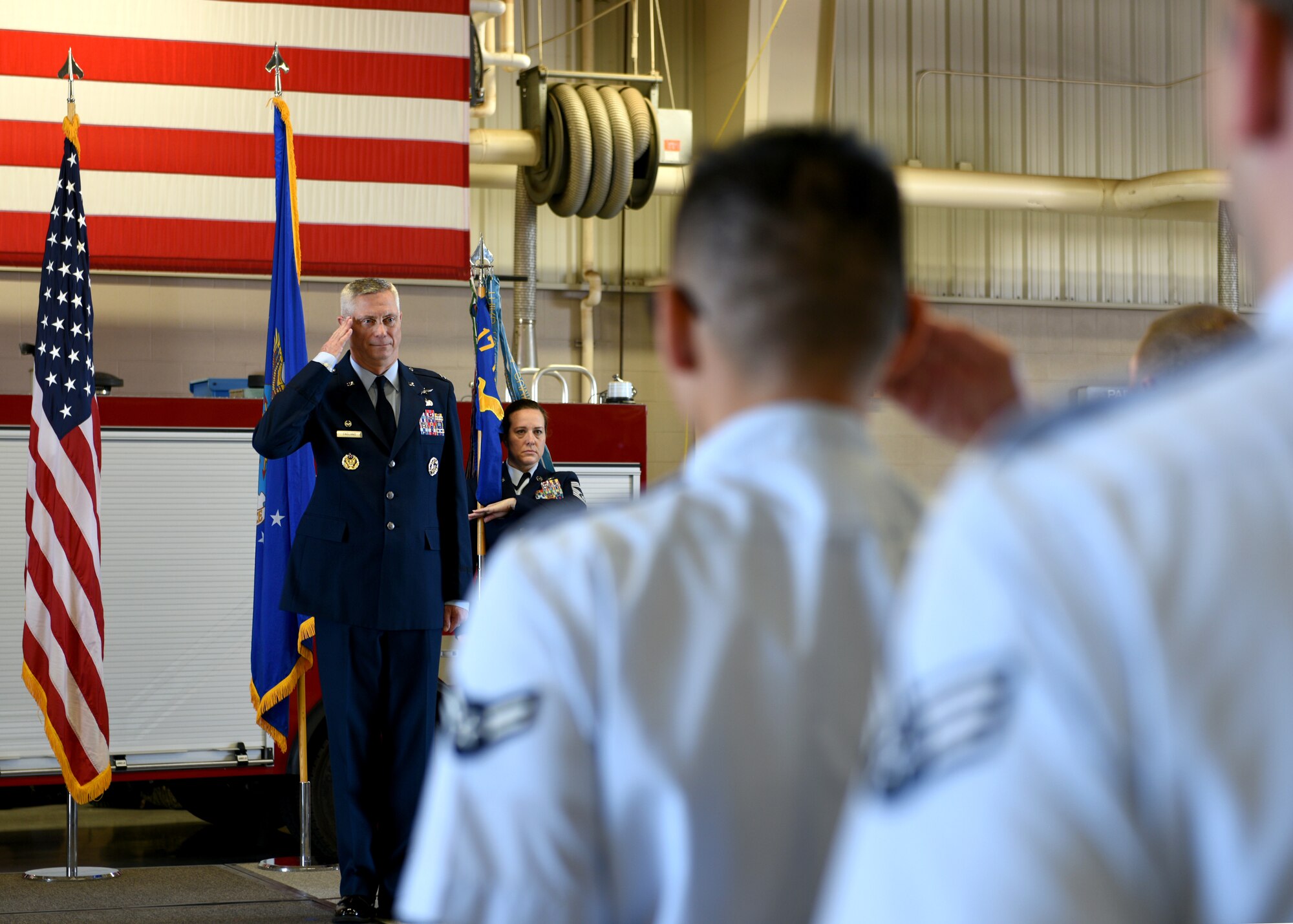 U.S. Air Force Col. Tony England, 17th Mission Support Group incoming commander, renders his first salute during the change of command ceremony at the Transportation Complex on Goodfellow Air Force Base, Texas, June 20, 2019. The 17th MSG maintains the largest Secret Internet Protocol Router network in Air Education Training Command and the largest fire truck fleet in the Air Force. (U.S. Air Force photo by Airman 1st Class Robyn Hunsinger/Released)