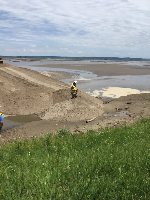 The U.S. Army Corps of Engineers, Omaha District completes an initial breach closure on levee L575 near Percival, IA June 20, 2019.