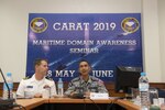 190530-N-SB587-1166 SATTAHIP, Thailand (May 30, 2019) U.S. Navy Lt. Cmdr. Todd Hutchins, staff judge advocate assigned to Commander, Logistics Group Western Pacific, and Royal Thai Navy Capt. Yuthanavi Mungthanya, commanding officer of HTMS Bandpakong (FFG 456), participate in a maritime domain awareness seminar during Cooperation Afloat Readiness and Training (CARAT) Thailand 2019. During the seminar, participants discussed international maritime laws and their impact on how nations operate in the region. This year marks the 25th iteration of CARAT, a multinational exercise series designed to enhance U.S. and partner navies' abilities to operate together in response to traditional and non-traditional maritime security challenges in the Indo-Pacific region.