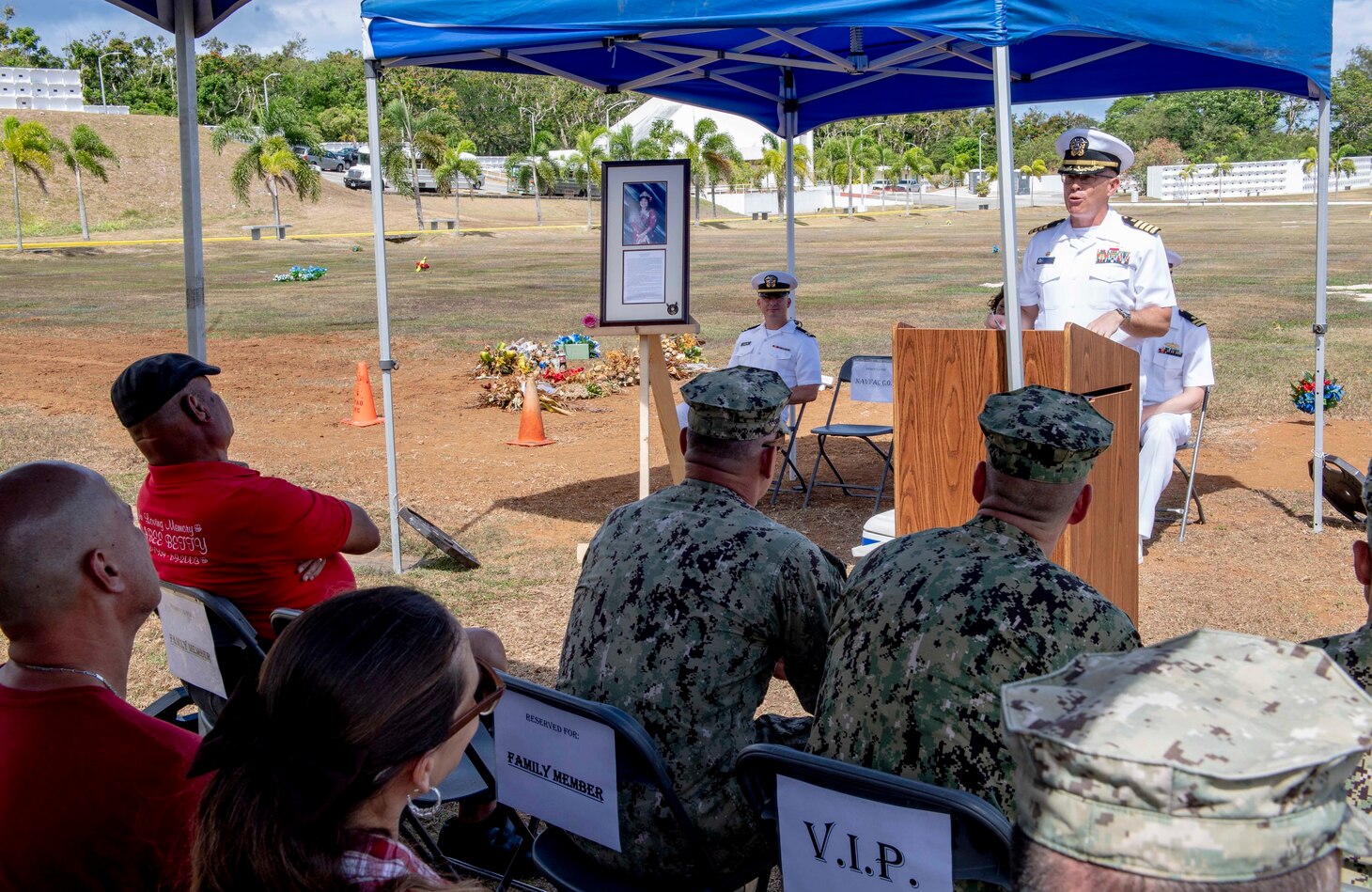 PITI, Guam (June 20, 2019) Capt. Dale Turner, commanding officer of Naval Facilities Engineering Command (NAVFAC) Marianas, speaks during the Seabee Betty Day memorial celebration. Seabee Betty died June 9, 2003 and was interred June 20, 2003. In 2004, the governor of Guam declared June 20 to be Seabee Betty Day to honor the more than 50 years of dedicated service to the Seabee community on Guam.