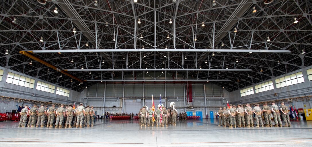 Headquarters and Headquarters Squadron (H&HS), Marine Corps Installations Pacific (MCIPAC), hosts a change of command ceremony June 21, 2019 at Marine Corps Air Station Futenma, Okinawa, Japan