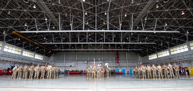 Headquarters and Headquarters Squadron (H&HS), Marine Corps Installations Pacific (MCIPAC), hosts a change of command ceremony June 21, 2019 at Marine Corps Air Station Futenma, Okinawa, Japan. The ceremony was held in honor of U.S. Marine Corps Lt. Col Brian Ashford relinquishing his duties as commanding officer of H&HS, MCIPAC, to Lt. Col. Eric Starr. (U.S. Marine Corps photo by Lance Cpl. Savannah Mesimer)