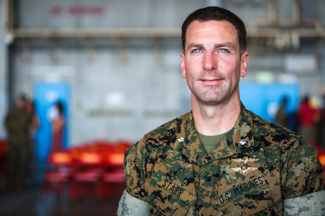 U.S. Marine Corps Lt. Col. Eric Starr, commanding officer of Headquarters and Headquarters Squadron (H&HS), poses for a photo June 21, 2019 at Marine Corps Air Station Futenma, Okinawa, Japan.