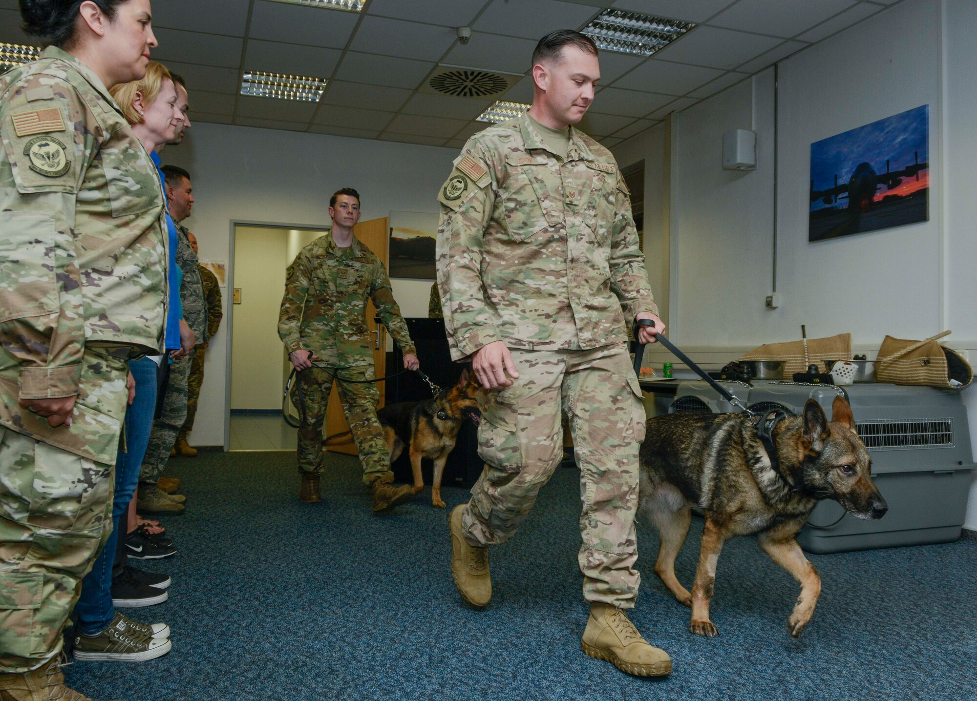 Charone, right, 86th Security Forces Squadron military working dog, and U.S. Air Force Tech. Sgt. Chad Coe, 86th SFS MWD handler, arrive at Charon’s retirement ceremony at Ramstein Air Base, Germany, May 18, 2019. Charone retired after nine years of honorable service protecting his nation.