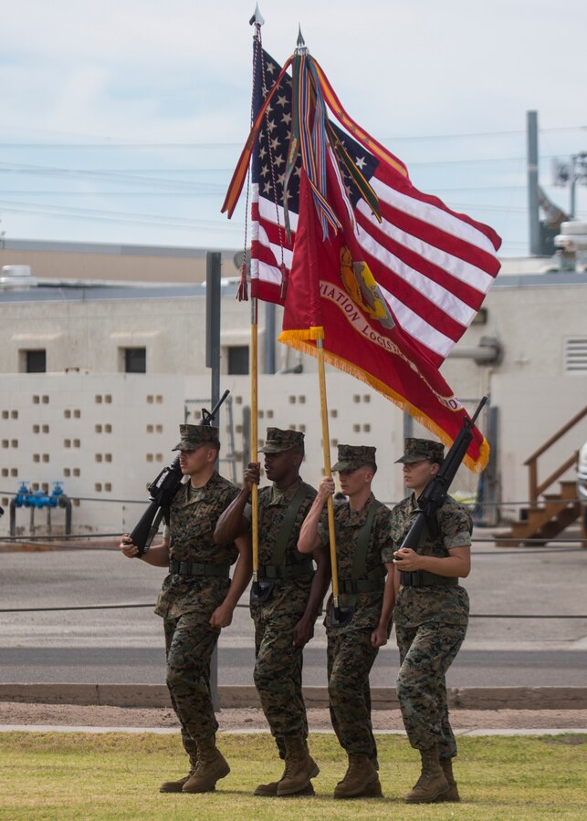 U.S. Marines with Marine Aviation Logistics Squadron (MALS) 13, Marine Aircraft (MAG) 13, 3rd Marine Aircraft Wing (MAW), participate in MALS-13's change of command ceremony on Marine Corps Air Station Yuma, Ariz., June 13, 2019. During the ceremony, Lt. Col Luke T. Watson was recognized for his leadership, service and dedication to the Corps. The unit also welcomed Lt. Col. John Bacon Jr. as the new commanding officer. (U.S. Marine Corps photo by Cpl. Samuel Ruiz)
