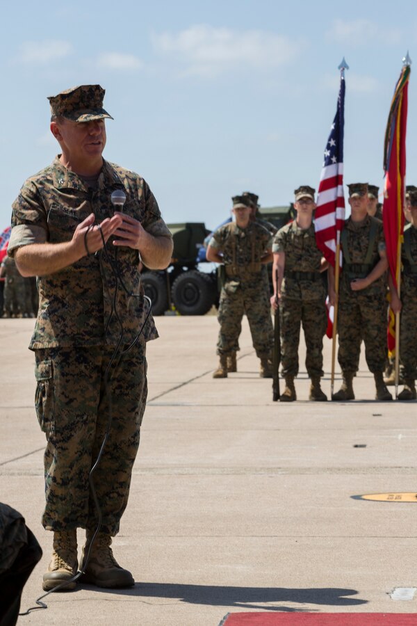 U.S. Marine Corps Col. Matthew R. Seay, outgoing commanding officer of Marine Wing Support Group (MWSG) 37, 3rd Marine Aircraft Wing, addresses his Marines during a change of command ceremony on Marine Corps Air Station Miramar, Calif., June 14, 2019. During the ceremony, Seay was recognized for his leadership, service and dedication to the Corps. The unit also welcomed Col. Eric R. Quehl as the new commanding officer. (U.S. Marine Corps photo by Lance Cpl. Levi J. Guerra)