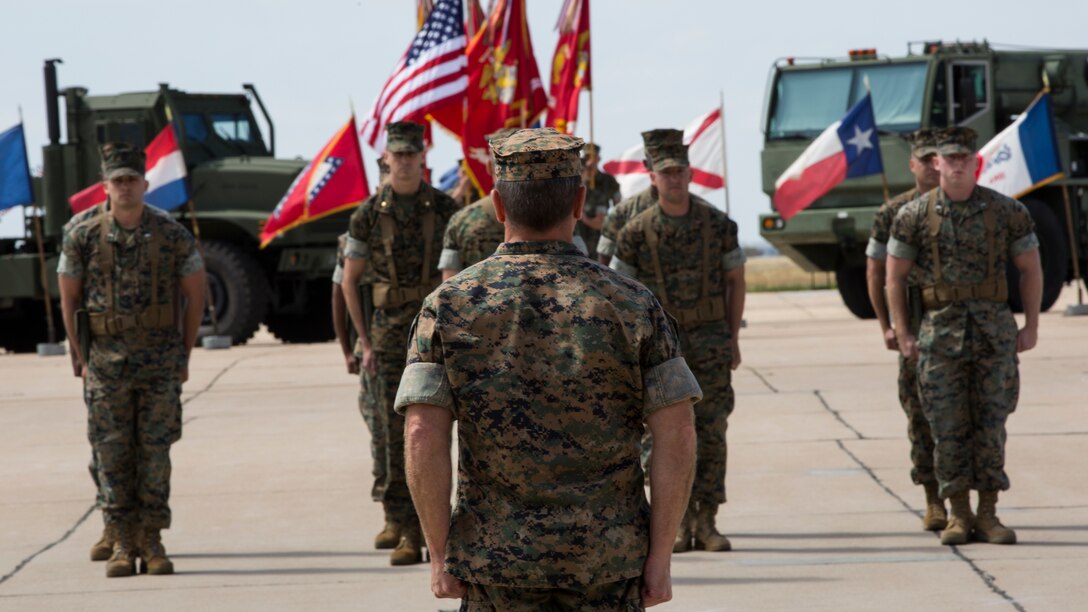 U.S. Marine Corps Col. Matthew R. Seay, commanding officer of Marine Wing Support Group (MWSG) 37, 3rd Marine Aircraft Wing, watches as Marines fall in during a change of command ceremony on Marine Corps Air Station Miramar, Calif., June 14, 2019. During the ceremony, Seay was recognized for his leadership, service and dedication to the Corps. The unit also welcomed Col. Eric R. Quehl as the new commanding officer. (U.S. Marine Corps photo by Lance Cpl. Levi J. Guerra)