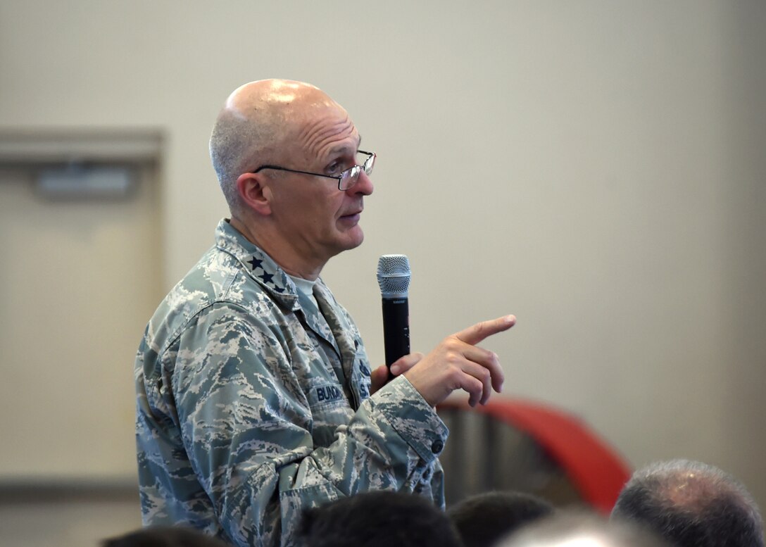 Then Lt. Gen. Arnold W. Bunch, Jr., Military Deputy, Office of the Assistant Secretary of the Air Force for Acquisition, speaks to Airmen of the Space and Missile Systems Center at Los Angeles Air Force Base in El Segundo, Calif., Nov. 30, 2017.  (U.S. Air Force photo/Sarah Corrice)