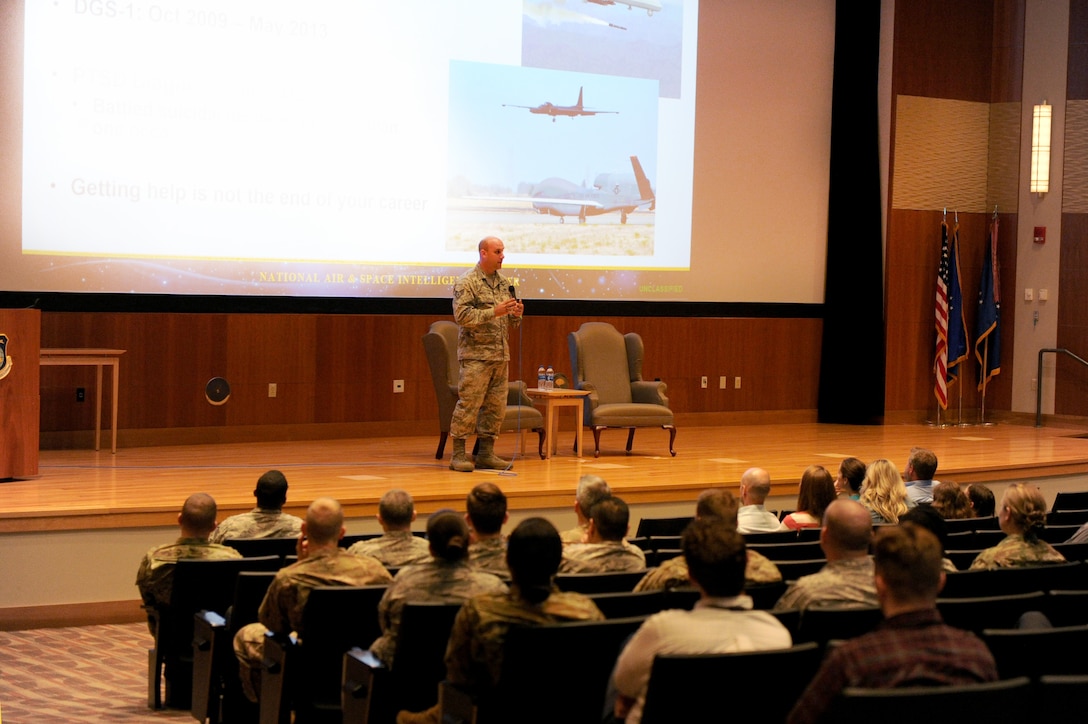 Staff Sgt. Conrad Crookston from the National Air and Space Intelligence Center shares his story during NASIC Storytellers event on Strength and Courage on June 19 in the Center’s Intelligence Production Complex facility at Wright-Patterson Air Force Base, Ohio. The Storytellers event was put on by R3 in line with commander’s objectives of educating the workforce and elevate respect, resilience and readiness across NASIC. (U.S. Air Force photo by Senior Airman Samuel Earick)