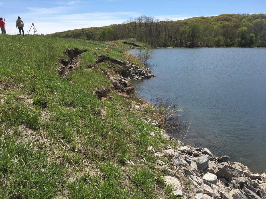 USACE Omaha District employees conduct an initial damage assessment at levee near YMCA Camp Kitaki, a half mile southeast of South Bend, Nebraska. Apr. 29, 2019.