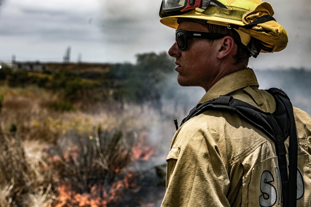 Firefighters from Marine Corps Air Station Miramar and local fire departments worked together to conduct a series of controlled burns on East Miramar, Calif., June 20. The controlled burns were conducted to mitigate the chance of wild fires starting on MCAS Miramar as well as provide real world training to local firefighters. (U.S. Marine Corps photo by Sgt. Jake McClung)