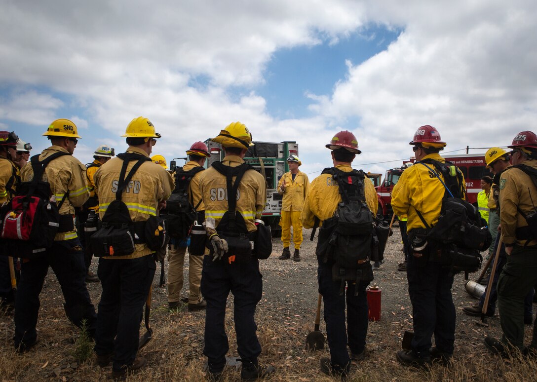 Firefighters from Marine Corps Air Station Miramar and local fire departments work together to conduct a series of controlled burns on East Miramar, Calif., June 20. The controlled burns were conducted to mitigate the chance of wild fires starting on MCAS Miramar as well as provide real world training to local firefighters. (U.S. Marine Corps photo by Sgt. Becky Cleveland)