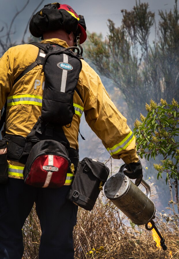 Firefighters from Marine Corps Air Station Miramar and local fire departments work together to conduct a series of controlled burns on East Miramar, Calif., June 20. The controlled burns were conducted to mitigate the chance of wild fires starting on MCAS Miramar as well as provide real world training to local firefighters. (U.S. Marine Corps photo by Sgt. Becky Cleveland)