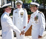 Cmdr. Nicholas Gamiz (right) assumes command of Navy Recruiting District San Antonio during a change of command ceremony at the Alamo June 7. Gamiz, a Naval aviator, will be responsible for 217 Sailors and support personnel supporting 34 Navy Recruiting Stations and Navy Officer Recruiting Stations spread throughout 144,000 square miles of Texas territory.