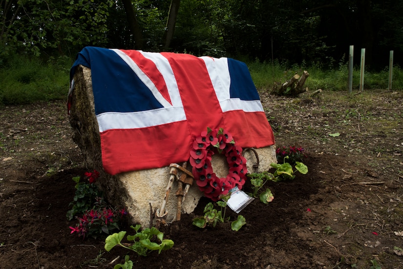 The Union Jack is draped over a Woodland Memorial stone June 9, 2019, in Ramsbury, U.K. The Woodland Memorial Service took place to honor all of those who gave their lives during the two World Wars and the servicemen currently serving in defense of our freedom. The ceremonial event was held to honor the sacrifices and strengthen the bond between the U.S. and U.K.